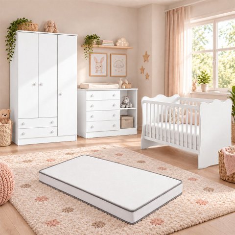 Quarto de Bebê Completo Doce Sonho com Berço Guarda Roupa 3 Portas Cômoda 4 Gavetas e Colchão Movell