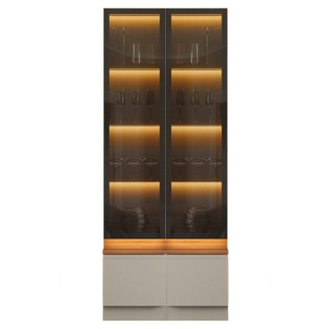 Kit 2 Cristaleiras com LED 1 Porta de Vidro 3 Prateleiras Magnata Canela/Gris