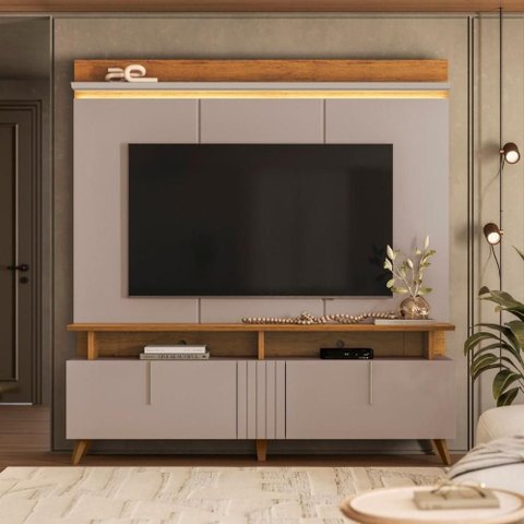 Painel de Tv com Led e Rack Retrô de 2 Portas para Sala Canela