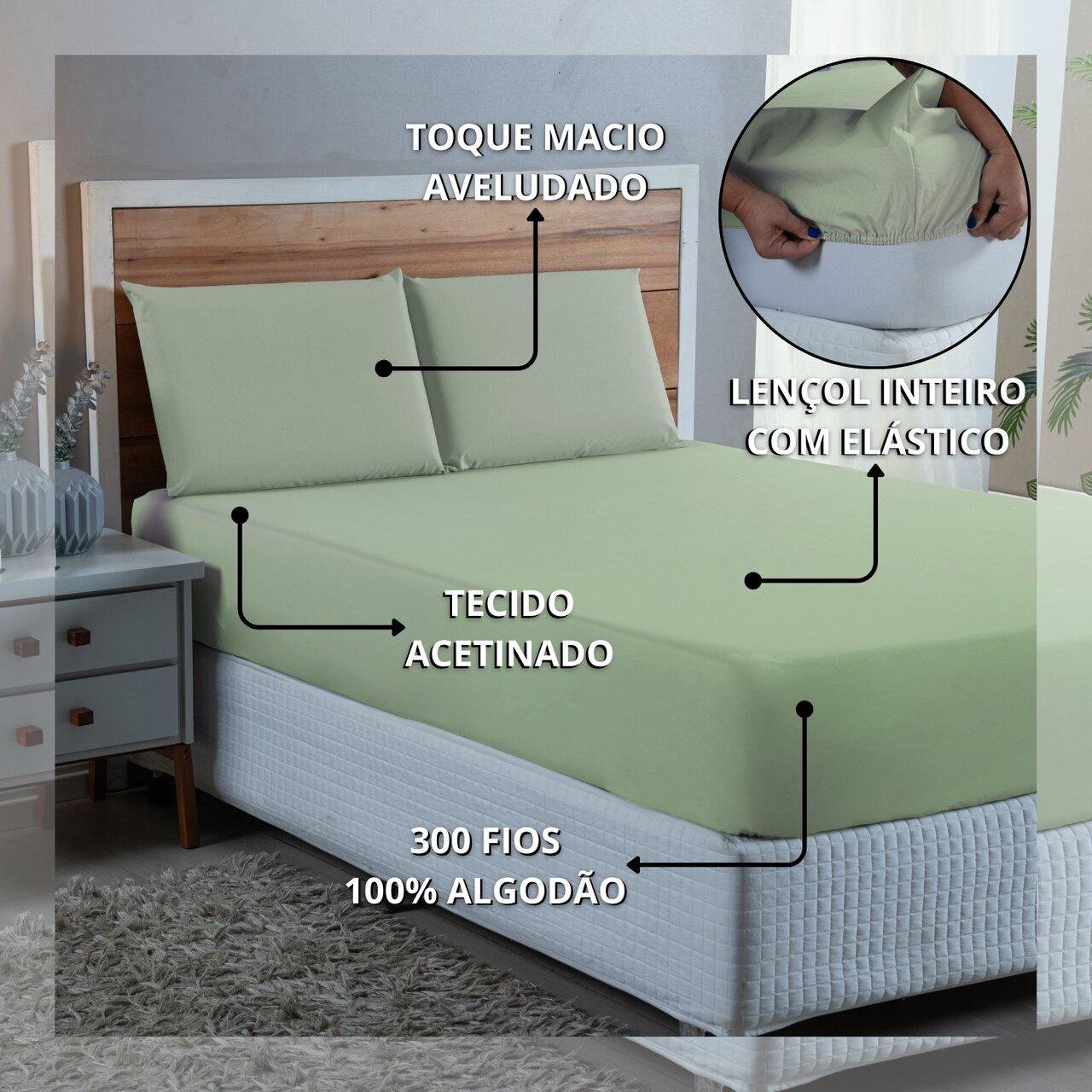 Jogo de Cama Lençol Casal 300 Fios Algodão 4 Peças Conjunto com Elástico e Fronhas:verde Bebe - 6