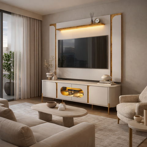 Conjunto Juquehy Rack Painel Tv Sala Estar com Led Orgânico Mdf:naturalle/off White