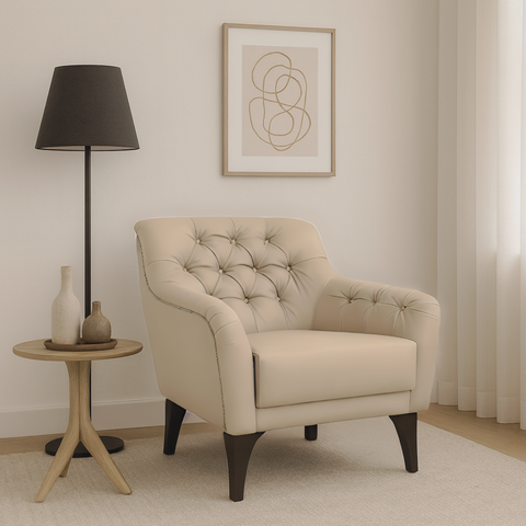 Poltrona Decorativa com Tachas e Pés de Madeira Linho Bege Escuro Shaula Larbelle