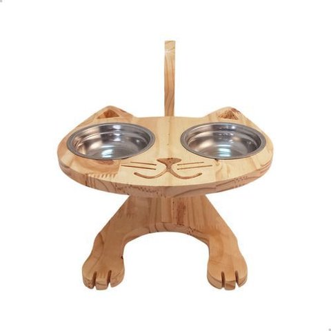 Mesa Comedouro Pet para Gatos com Dois Bowls Inox:marrom-claro