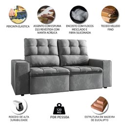 Sofá Retrátil e Reclinável 3 Lugares 2,0m Veludo Malibu Selmer Cinza - 4