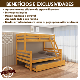 Treliche Casal com Cama Auxiliar Solteiro de Madeira Maciça com Grade de Proteção e Escada Cor Mel - 3