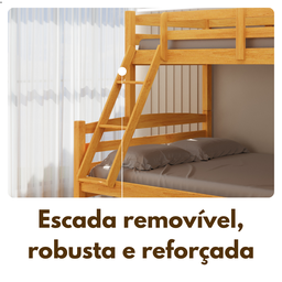 Treliche Casal com Cama Auxiliar Solteiro de Madeira Maciça com Grade de Proteção e Escada Cor Mel - 4