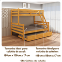 Ver mais imagens de Treliche Casal com Cama Auxiliar Solteiro de Madeira Maciça com Grade de Proteção e Escada Cor Mel