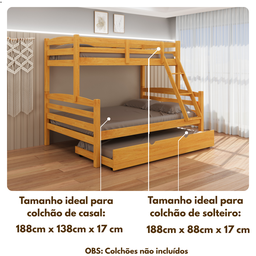 Treliche Casal com Cama Auxiliar Solteiro de Madeira Maciça com Grade de Proteção e Escada Cor Mel - 8