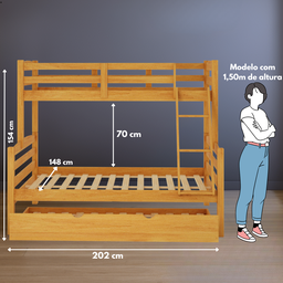 Treliche Casal com Cama Auxiliar Solteiro de Madeira Maciça com Grade de Proteção e Escada Cor Mel - 6