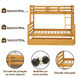 Treliche Casal com Cama Auxiliar Solteiro de Madeira Maciça com Grade de Proteção e Escada Cor Mel - 7