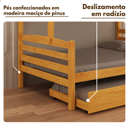 Treliche Casal com Cama Auxiliar Solteiro de Madeira Maciça com Grade de Proteção e Escada Cor Mel - 5