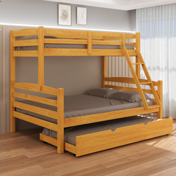 Treliche Casal com Cama Auxiliar Solteiro de Madeira Maciça com Grade de Proteção e Escada Cor Mel - 1