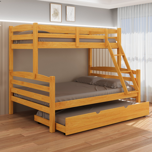 Treliche Casal com Cama Auxiliar Solteiro de Madeira Maciça com Grade de Proteção e Escada Cor Mel
