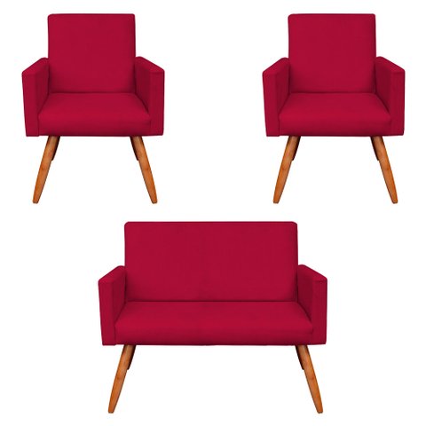 Kit 2 Poltronas e Namoradeira Nina Suede Pés Palito Castanho - Pallazio - Vermelho