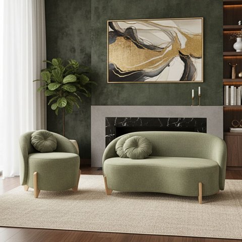 Conjunto 01 Poltrona + Sofá Curvo Orgânico Amsterdã Bouclê Verde Oliva - Montanari's Decor