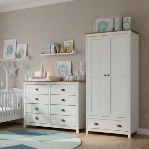 Conjunto Infantil Guarda-roupa 2 Portas e Cômoda 8 Gavetas 100% Madeira Maciça - Topázio Finestra