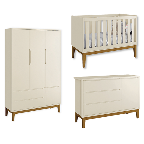 Quarto de Bebê Berço + Cômoda Sapateira + Guarda Roupa 3 Portas Areia Classic Madeira