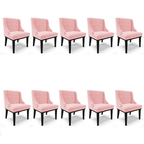 Kit 10 Cadeiras Estofadas para Sala de Jantar Base Fixa de Madeira Preto Lia Suede Rosa bebê - Ibiza