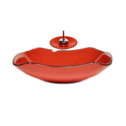 CUBA DE VIDRO ABAULADA 45CM VERMELHO FERRARI + VALVULA + TORNEIRA CASCATA