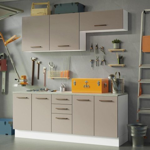 Kit com 2 Balcões e 2 Armários Aéreos Multiuso 200cm Branco/crema Agata Madesa Branco/crema