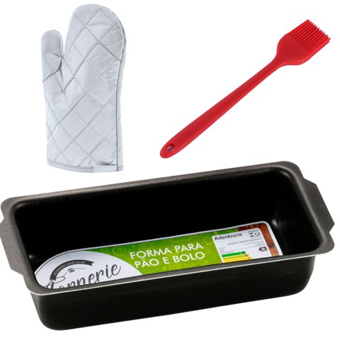 Forma Assadeira de Pão Retangular Grande Antiaderente 2l + Luva Térmica + Pincel de Silicone Vermelh