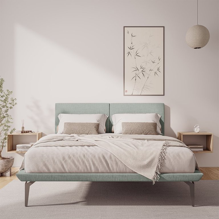 Cama Japonesa Toquio Casal com Cabeceira Almofada Linho Cinza