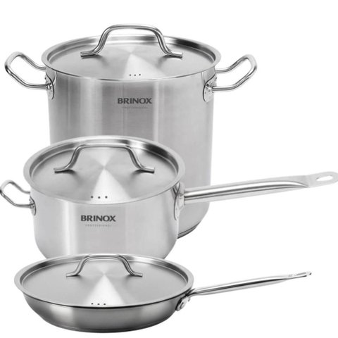 Jogo de Panelas 3 Peças Brinox Profissional Inox 24cm Fundo Triplo com Tampa Cozinha Industrial