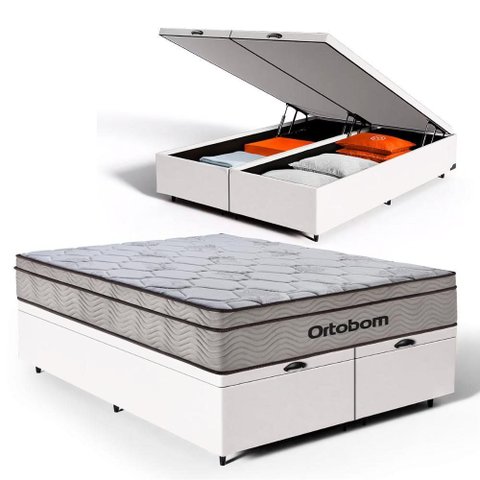 Cama Box Baú com Colchão Ortobom de Molas Ensacadas Pillow In Pro Vida Queen 158cm