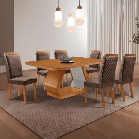 Mesa de Jantar Alvorada 180cm Tampo Canto Copo MDF Laminado e 6 Cadeiras Lorena