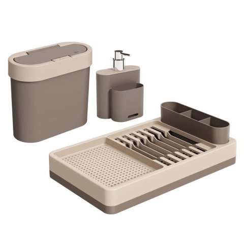Kit Flat 3 Peças Escorredor de Louça, Lixeira e Dispenser Cinza Fendi