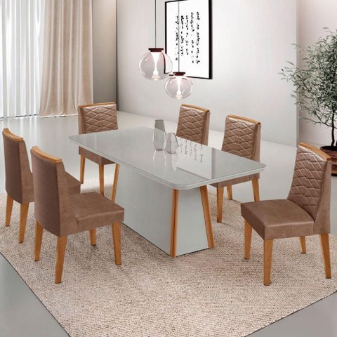 Mesa de Jantar Diane 180cm MDF Vidro com 6 Cadeiras Moderna Tork Off White Naturale Serigrafia