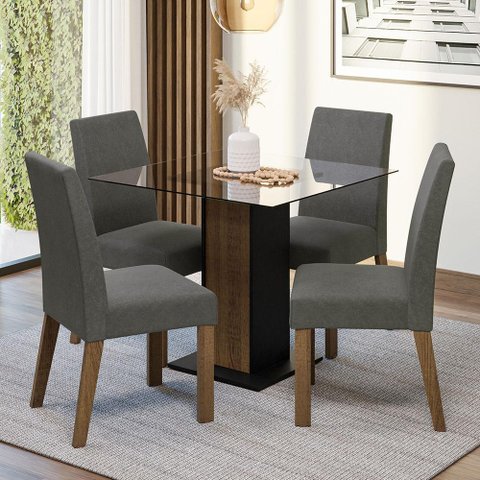 Conjunto Sala de Jantar Mesa Tampo de Vidro 4 Cadeiras Rustic/preto/silver Ivy Madesa