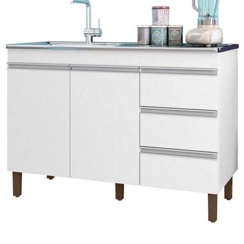 Balcão para Pia Jenny 2 Portas 3 Gavetas 119cm Branco Peternella Móveis