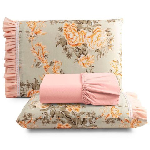 Jogo Cama Lençol Fiore King Estampado 180 Fios 100% Algodão com Babadinho 3 Peças Salmão Floral