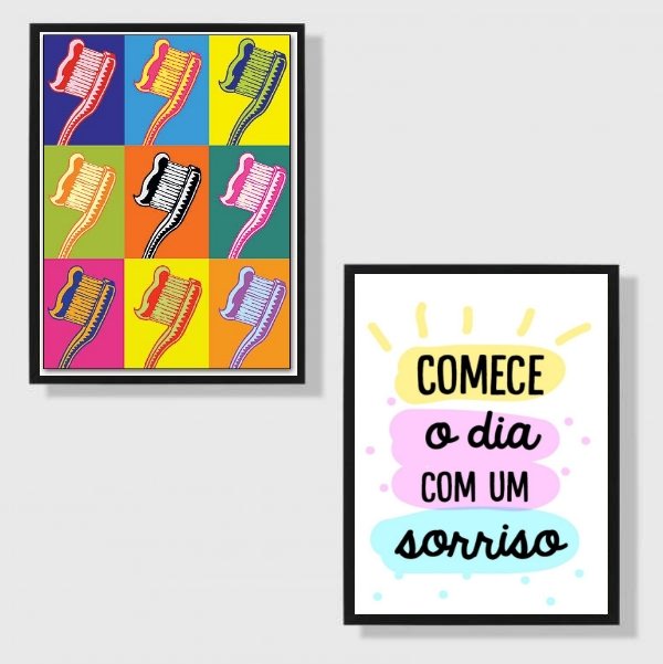 Kit 2 Quadros Dentista Pop Arte 33x24cm:Madeira preta - 1