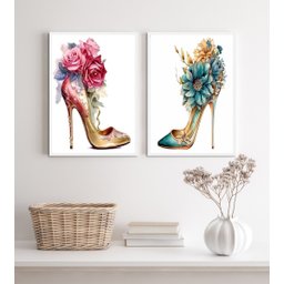 Kit 2 Quadros Sapatos de Salto com Flores 33x24cm:madeira Branca - 2