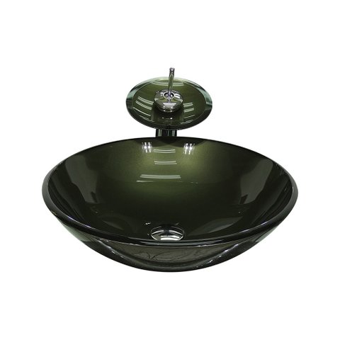 CUBA DE VIDRO REDONDA 35CM OURO ENVELHECIDO + VALVULA + TORNEIRA CASCATA