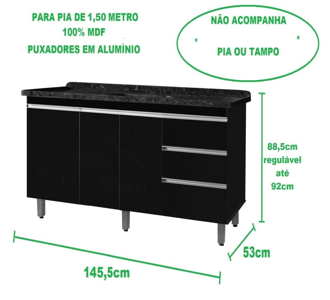 Gabinete Para Pia de 1.50 Metro balcão 100% MDF com Puxador em Alumínio inteiro chapa de 15mm ultima - 3