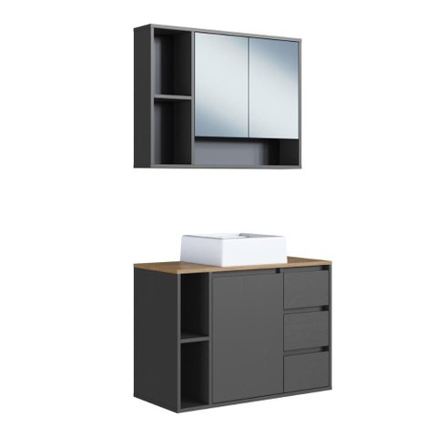 Conjunto para Banheiro Belagavi 80cm com Gabinete Suspenso, Espelheira e Cuba Grafite Art In Móveis