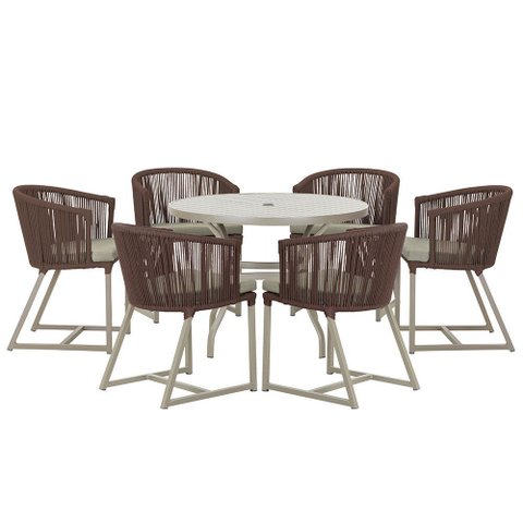 Mesa com 6 Cadeiras de Jantar Roma 120cm e Noronha em Alumínio Fendi Corda Náutica Estofado 8 Trama