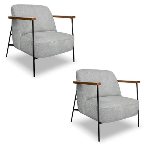 Kit 2 Poltronas Decorativa Celeste Linho Bouclê Cinza Claro Base de Ferro Preto - Pallazio