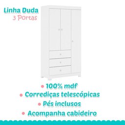 Guarda Roupa Infantil Duda 3 Portas Branco Brilho – Phoenix Baby - 4