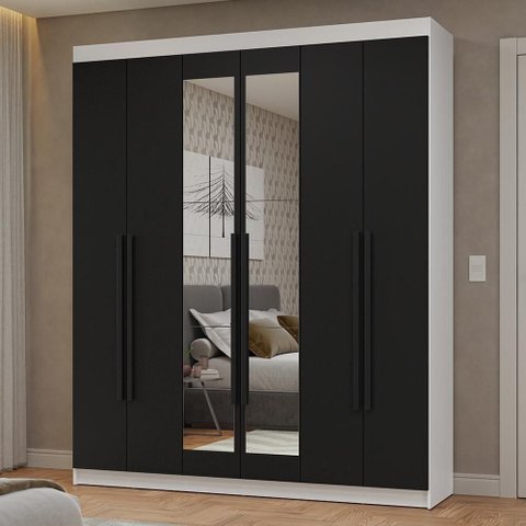 Guarda-roupa Casal 6 Portas Batentes com Espelho Netuno Madesa Branco/preto