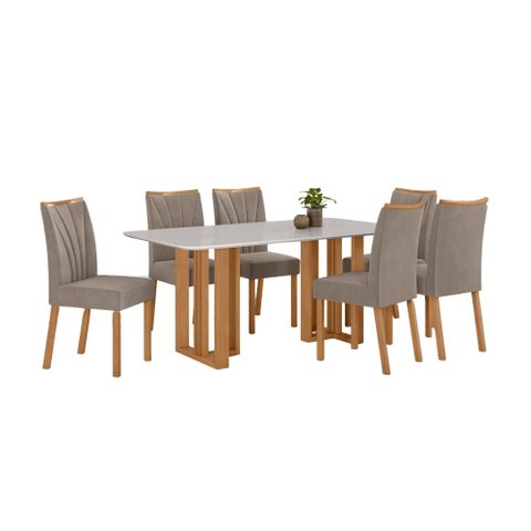 Conjunto Sala de Jantar Mesa Téssera 170 Tampo Vidro Off White com 6 Cadeiras Téssera - Lopas Amendo