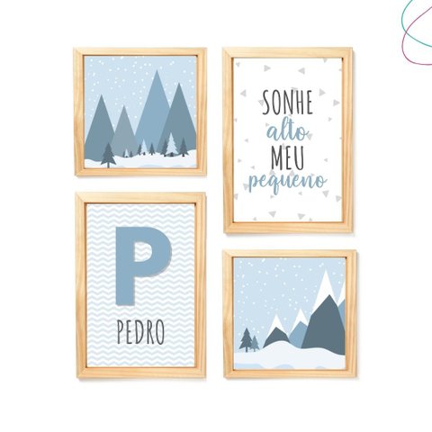 Kit 4 Quadros Decorativos Infantil Montanha Neve Escandinavo:pinus