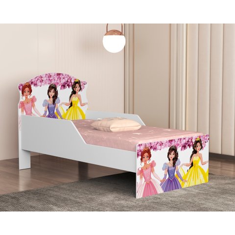 Mini Cama Juvenil Infantil Lívia Adesivada Das Princesas Resistente de Mdf com Proteção Lateral
