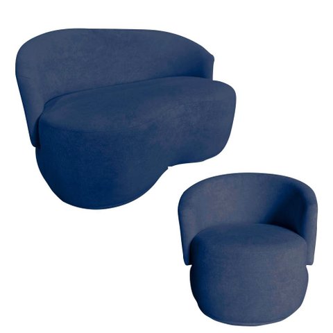 Kit Namoradeira + Poltrona Decorativa Beatriz Orgânica Veludo Azul Marinho
