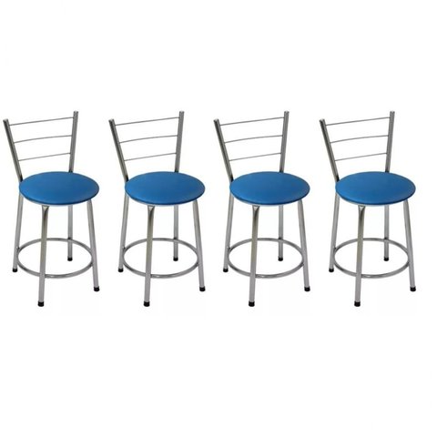 Kit 4 Banquetas Baixas Cromada com Encosto Assento Azul