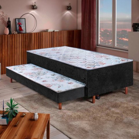Bicama com Cama Auxiliar D28 em Madeira Maciça Lotus Preto