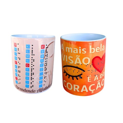 Kit Presente 2 Canecas Acessibilidade em Braile Alto Relevo Frase e Aprendendo o Alfabeto